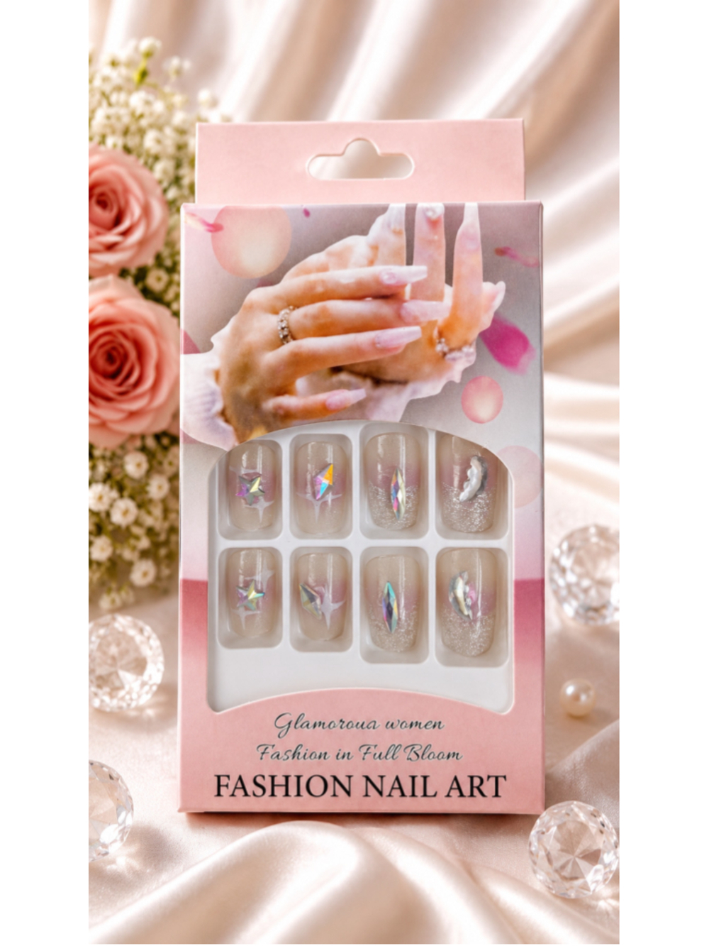 Glamorous Crystal Gem Press-On Nails Pink Nude Iridescent Rhinestone NailArt Set